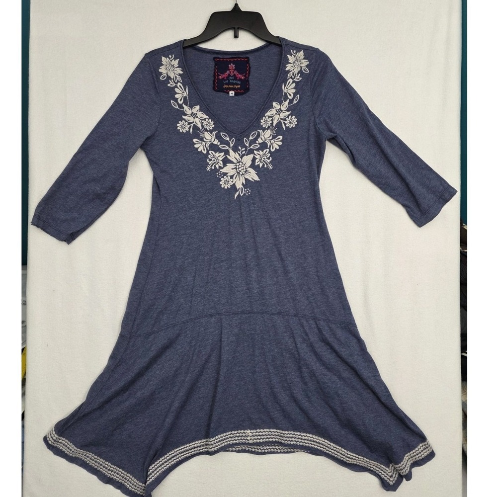 JW Los Angeles Johnny Was Tunic Dress M Blue Embroidered Handkerchief Hem Boho